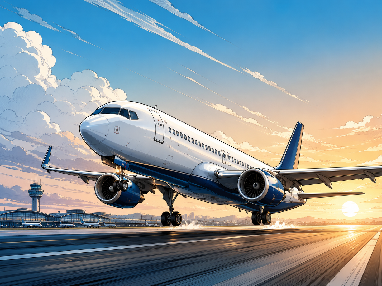 Avion au coucher du soleil façon comics